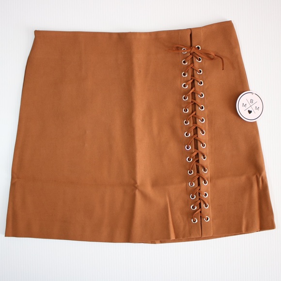 Brown Faux Suede Side Lace Up Mid Waist Mini Skirt - Picture 5 of 7
